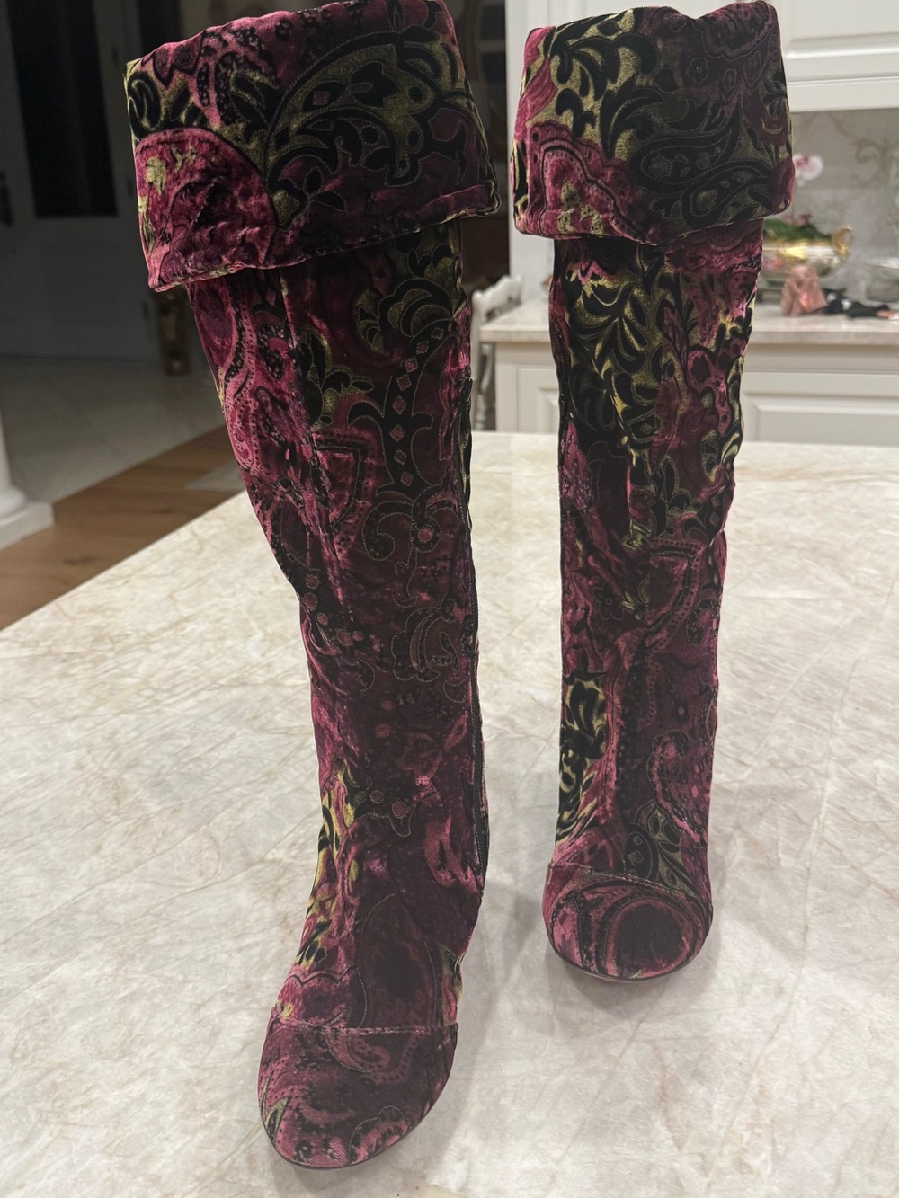 Born Velvet Paisley Over-the-Knee Boots - Pink and Black - Picture 3 of 17